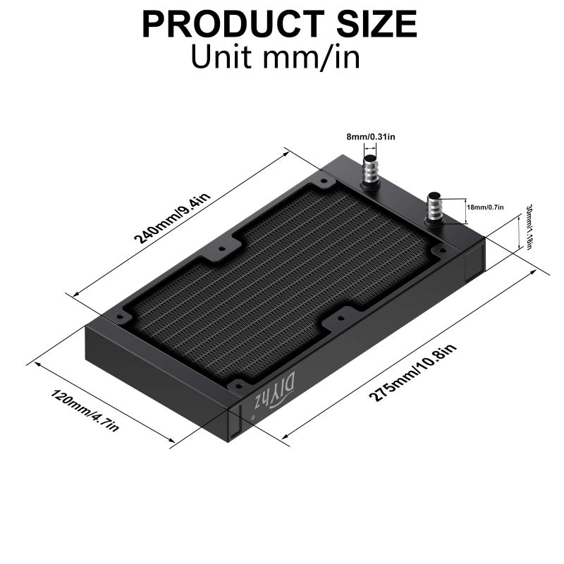 DIYhz 12 Pipe Aluminum 240mm CPU PC Water Cooling Radiator, 120mm Fanless, DC12V Black - Image 2